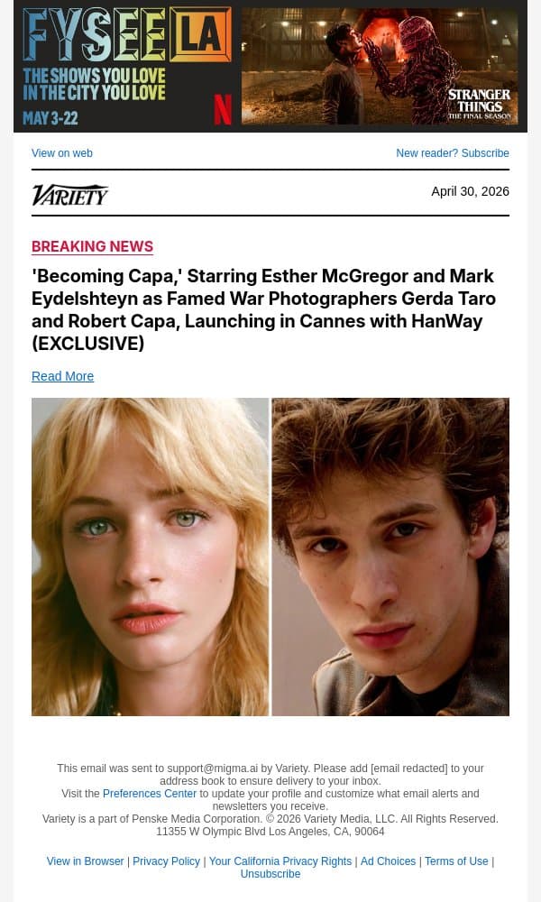 'Becoming Capa,' Starring Esther McGregor and Mark Eydelshteyn as Famed War Photographers Gerda Taro and Robert Capa, Launching in Cannes with HanWay (EXCLUSIVE) email from Variety screenshot