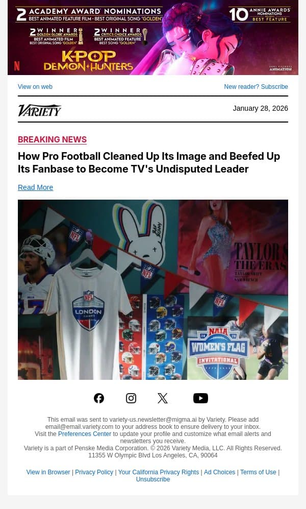 COVER STORY | How Pro Football Cleaned Up Its Image and Beefed Up Its Fanbase to Become TV's Undisputed Leader email from Variety screenshot