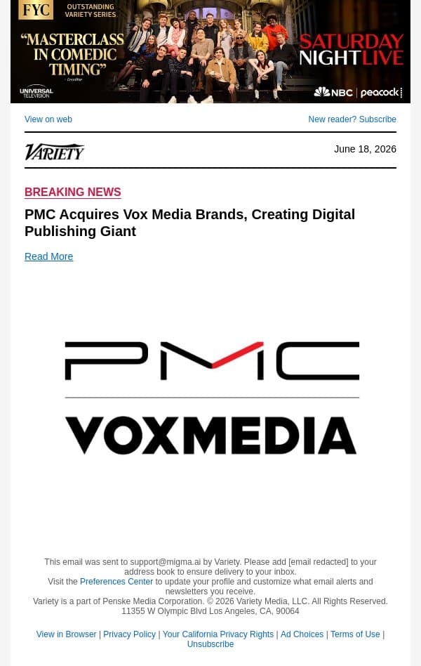 PMC Acquires Vox Media Brands, Creating Digital Publishing Giant email from Variety screenshot