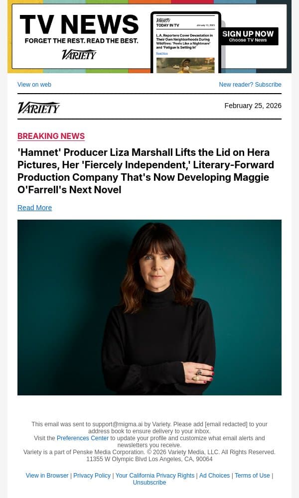 'Hamnet' Producer Liza Marshall Lifts the Lid on Hera Pictures, Her 'Fiercely Independent,' Literary-Forward Production Company That's Now Developing Maggie O'Farrell's Next Novel email from Variety screenshot