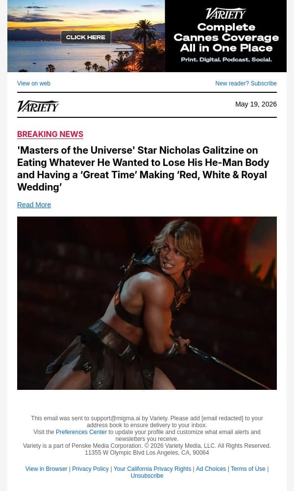 'Masters of the Universe' Star Nicholas Galitzine on Eating Whatever He Wanted to Lose His He-Man Body and Having a ‘Great Time’ Making ‘Red, White and Royal Wedding’ email from Variety screenshot