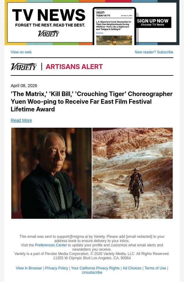 'The Matrix,' 'Kill Bill,' 'Crouching Tiger' Choreographer Yuen Woo-ping to Receive Far East Film Festival Lifetime Award email from Variety screenshot