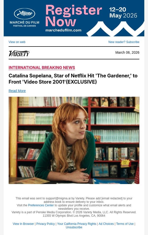 Catalina Sopelana, Star of Netflix Hit 'The Gardener,' to Front 'Video Store 2001'(EXCLUSIVE) email from Variety screenshot