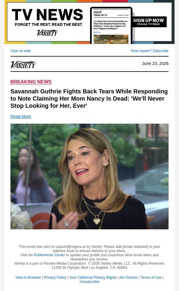 Savannah Guthrie Fights Back Tears While Responding to Note Claiming Her Mom Nancy Is Dead: 'We'll Never Stop Looking for Her, Ever' email from Variety screenshot