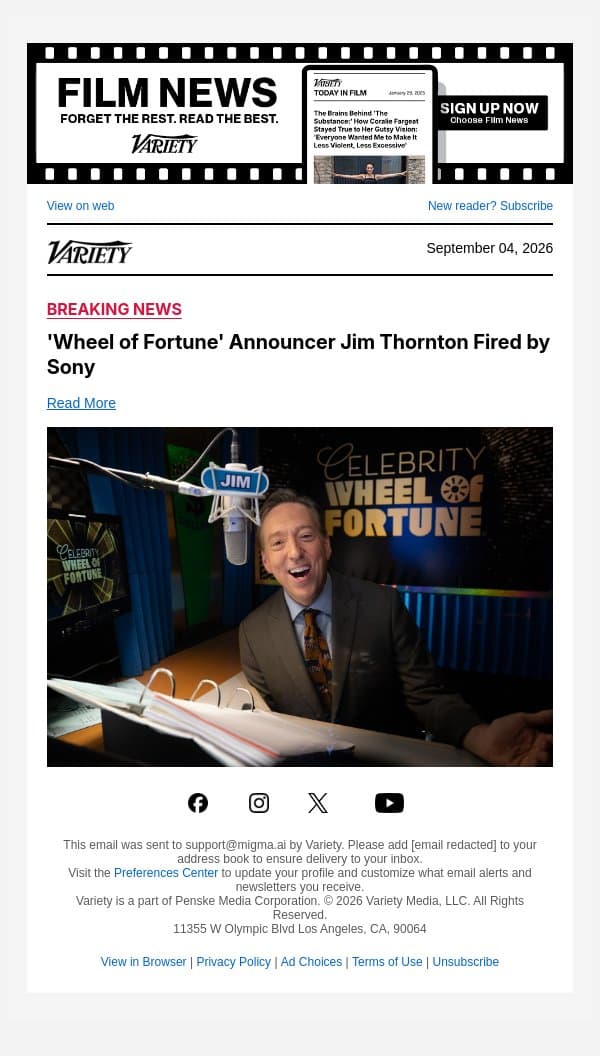 'Wheel of Fortune' Announcer Jim Thornton Fired by Sony email from Variety screenshot