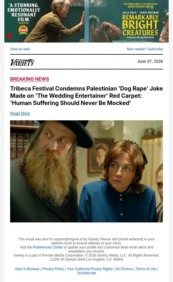 Tribeca Festival Condemns Palestinian 'Dog Rape' Joke Made on 'The Wedding Entertainer' Red Carpet: 'Human Suffering Should Never Be Mocked' email from Variety screenshot
