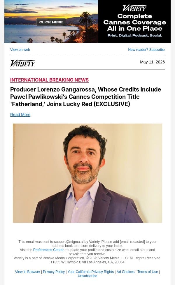 Producer Lorenzo Gangarossa, Whose Credits Include Pawel Pawlikowski’s Cannes Competition Title 'Fatherland,' Joins Lucky Red (EXCLUSIVE) email from Variety screenshot