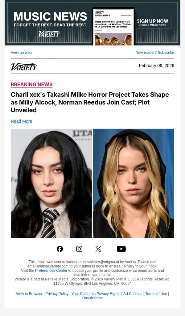 Charli xcx's Takashi Miike Horror Project Takes Shape as Milly Alcock, Norman Reedus Join Cast; Plot Unveiled email from Variety screenshot
