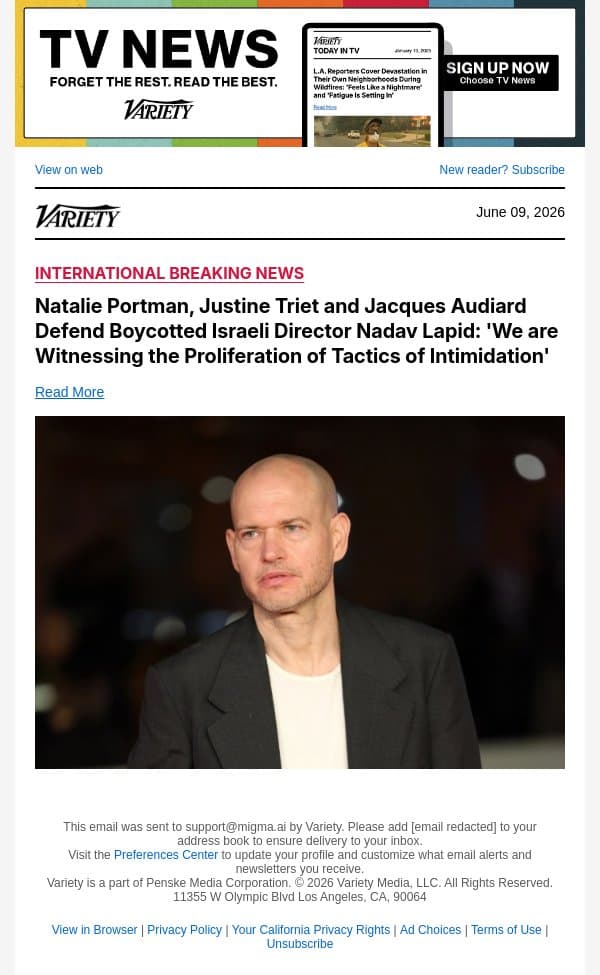 Natalie Portman, Justine Triet and Jacques Audiard Defend Boycotted Israeli Director Nadav Lapid: 'We are Witnessing the Proliferation of Tactics of Intimidation' email from Variety screenshot