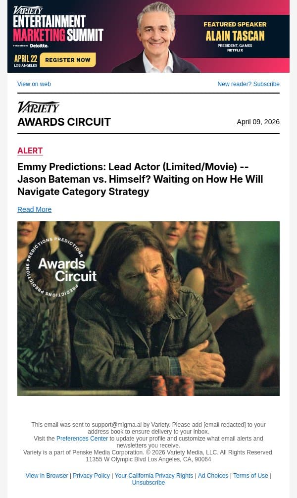 Emmy Predictions: Lead Actor (Limited/Movie) -- Jason Bateman vs. Himself? Waiting on How He Will Navigate Category Strategy email from Variety screenshot