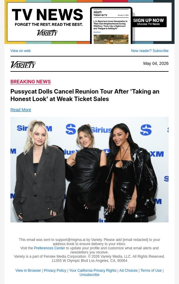 Pussycat Dolls Cancel Reunion Tour After 'Taking an Honest Look' at Weak Ticket Sales email from Variety screenshot