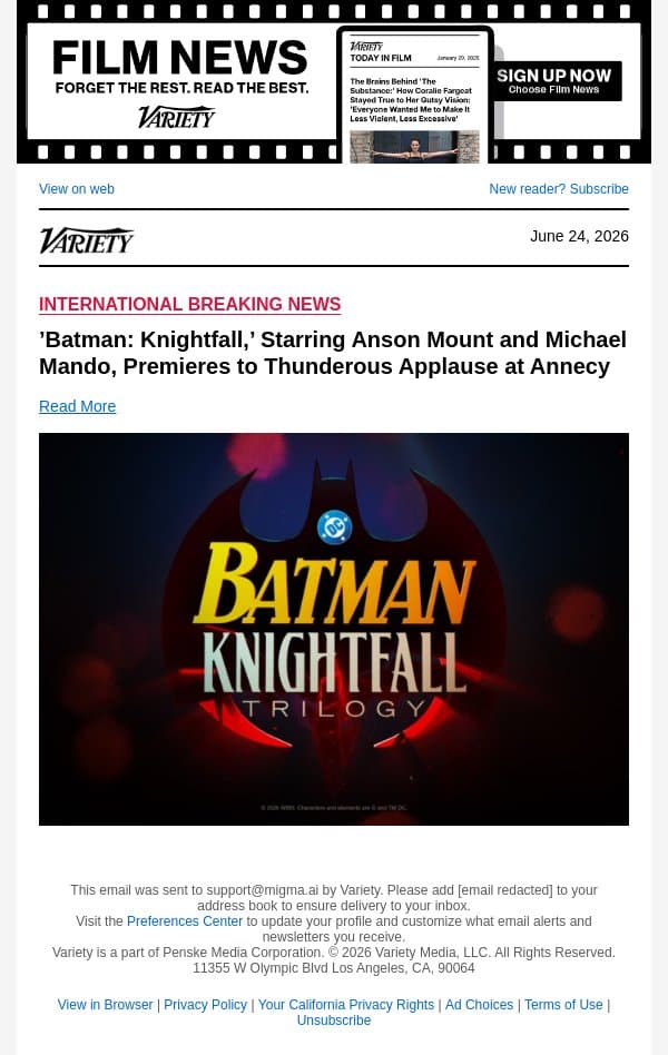 ’Batman: Knightfall,’ Starring Anson Mount and Michael Mando, Premieres to Thunderous Applause at Annecy email from Variety screenshot