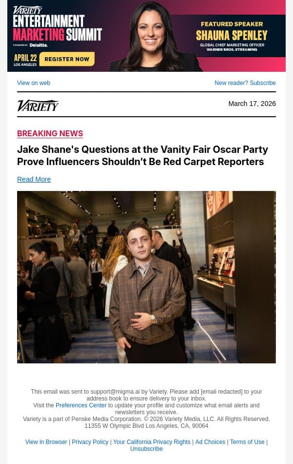 Jake Shane's Questions at the Vanity Fair Oscar Party Prove Influencers Shouldn’t Be Red Carpet Reporters email from Variety screenshot