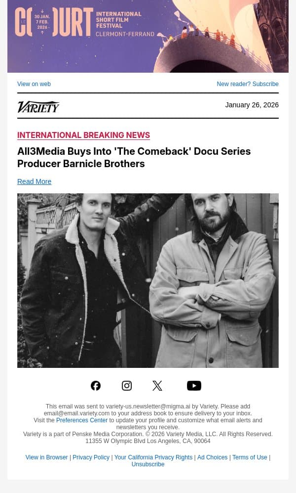 All3Media Buys Into 'The Comeback' Docu Series Producer Barnicle Brothers email from Variety screenshot