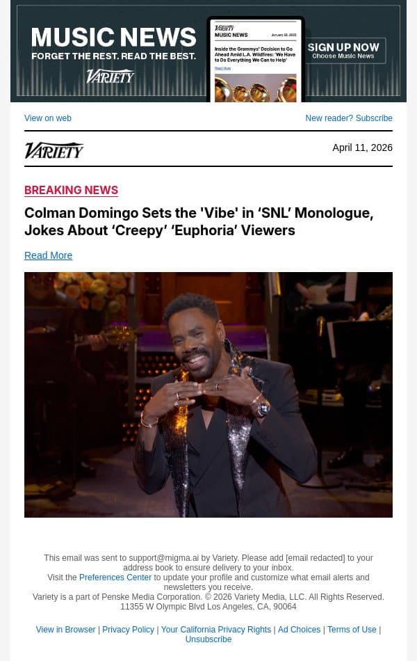 Colman Domingo Sets the 'Vibe' in ‘SNL’ Monologue, Jokes About ‘Creepy’ ‘Euphoria’ Viewers email from Variety screenshot