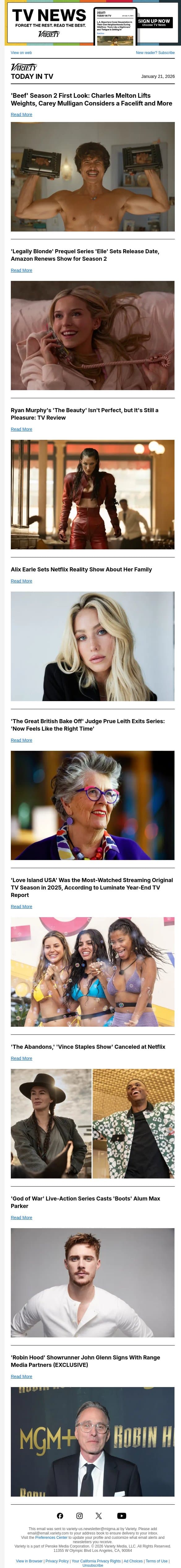 'Beef' S2 Preview; 'Legally Blonde' Series Release Date; 'The Beauty' Review email from Variety screenshot