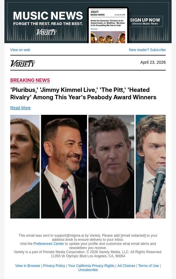 'Pluribus,' 'Jimmy Kimmel Live,' 'The Pitt,' 'Heated Rivalry' Among This Year's Peabody Award Winners email from Variety screenshot