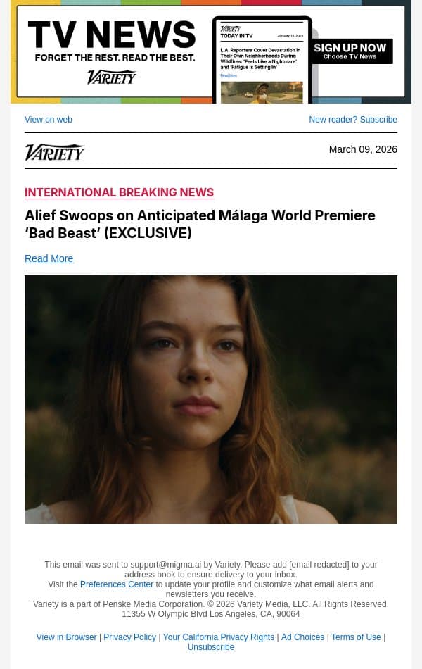 Alief Swoops on Anticipated Málaga World Premiere ‘Bad Beast’ (EXCLUSIVE) email from Variety screenshot