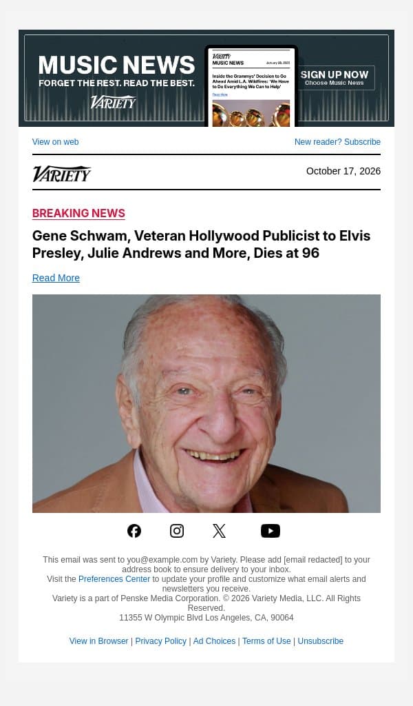 Gene Schwam, Veteran Hollywood Publicist to Elvis Presley, Julie Andrews and More, Dies at 96 email from Variety screenshot