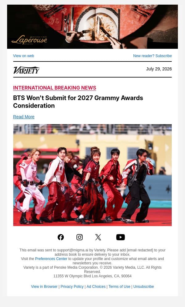BTS Won't Submit for 2027 Grammy Awards Consideration email from Variety screenshot