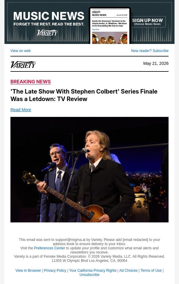 'The Late Show With Stephen Colbert' Series Finale Was a Letdown: TV Review email from Variety screenshot