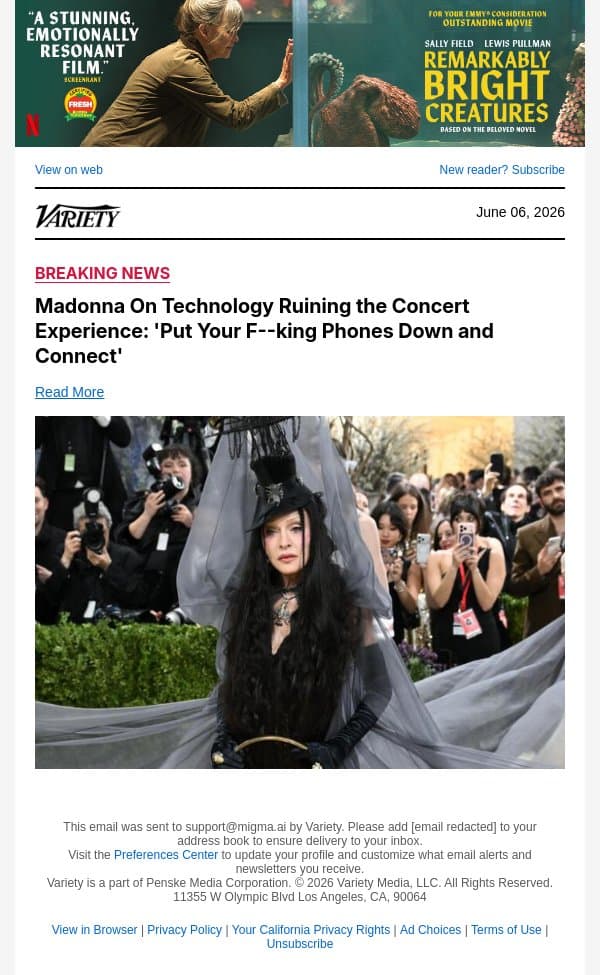 Madonna On Technology Ruining the Concert Experience: 'Put Your F--king Phones Down and Connect' email from Variety screenshot