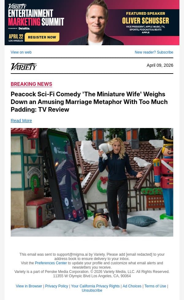 Peacock Sci-Fi Comedy 'The Miniature Wife' Weighs Down an Amusing Marriage Metaphor With Too Much Padding: TV Review email from Variety screenshot