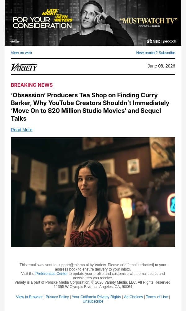 ‘Obsession’ Producers Tea Shop on Finding Curry Barker, Why YouTube Creators Shouldn’t Immediately ‘Move On to $20 Million Studio Movies’ and Sequel Talks email from Variety screenshot