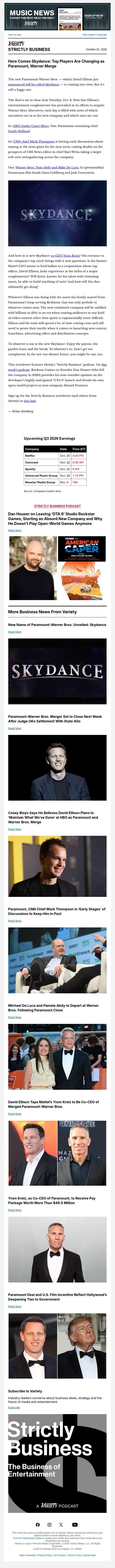 Strictly Business Newsletter & Podcast: It's Skydance — Paramount-Warner Bros. Merger Special Edition; Interview With Rockstar Games Co-Founder Dan Houser email from Variety screenshot