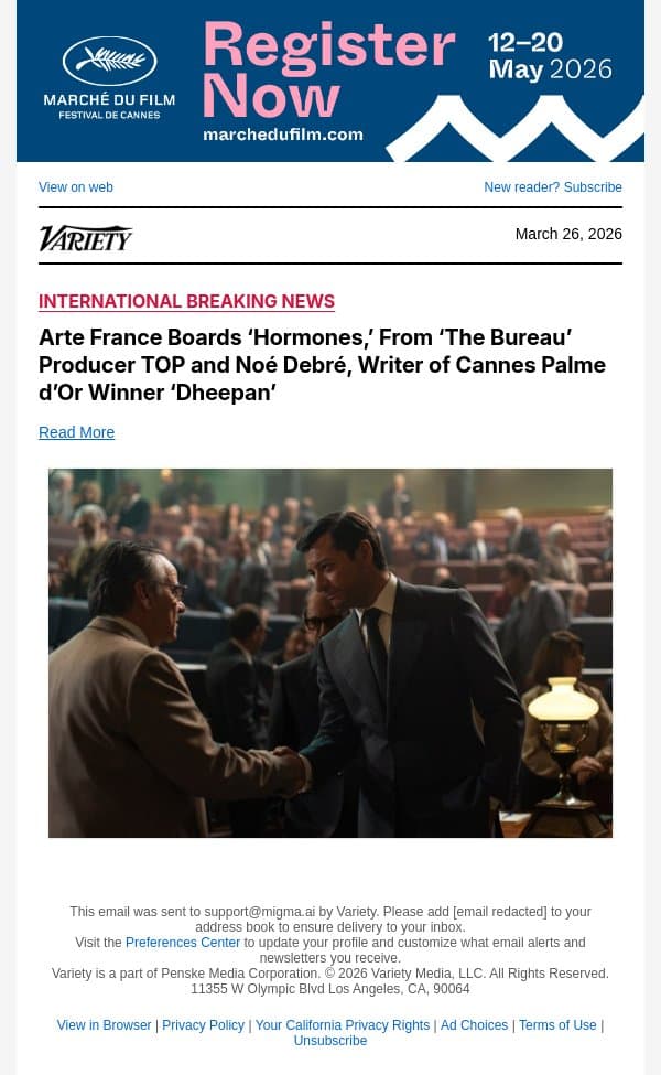 Arte France Boards ‘Hormones,’ From ‘The Bureau’ Producer TOP and Noé Debré, Writer of Cannes Palme d’Or Winner ‘Dheepan’ email from Variety screenshot