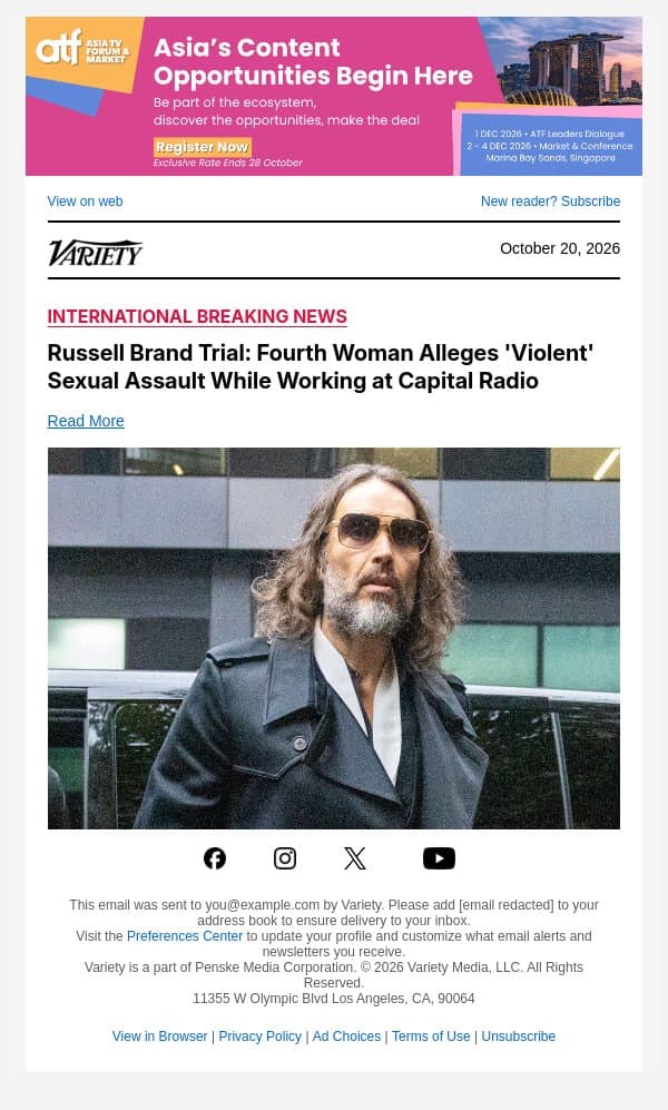 Russell Brand Trial: Fourth Woman Alleges 'Violent' Sexual Assault While Working at Capital Radio email from Variety screenshot