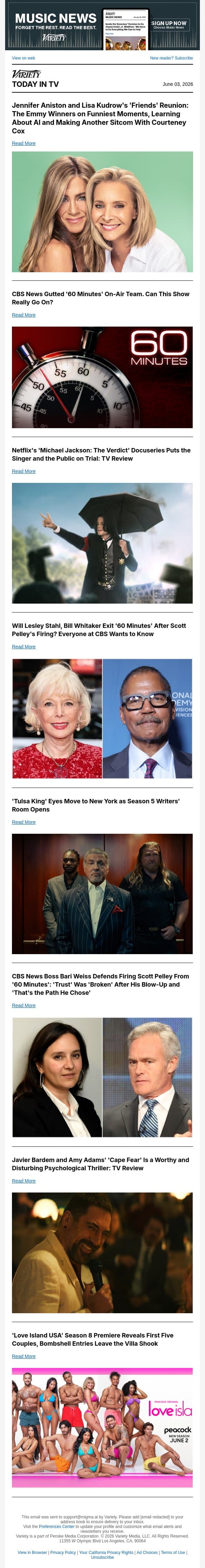 Jennifer Aniston and Lisa Kudrow AoA; Can '60 Minutes' Survive?; 'Michael Jackson: The Verdict' Review email from Variety screenshot