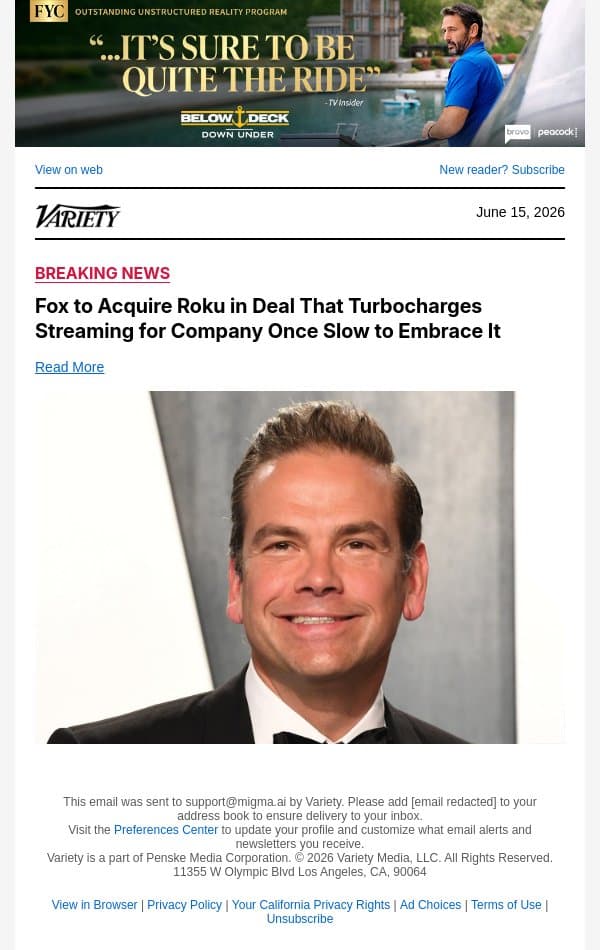 Fox to Acquire Roku in Deal That Turbocharges Streaming for Company Once Slow to Embrace It email from Variety screenshot