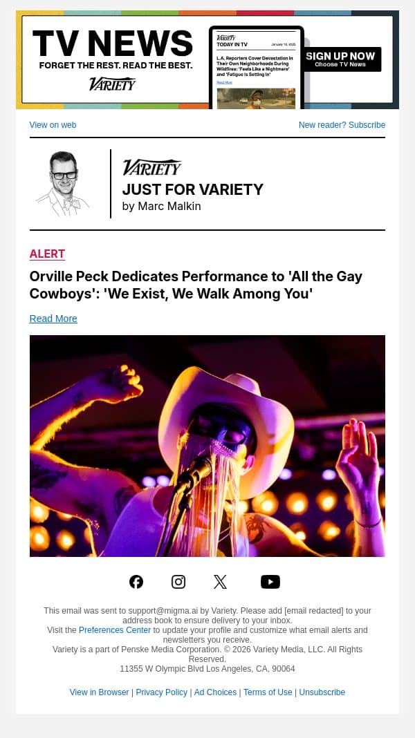 Orville Peck Dedicates Performance to 'All the Gay Cowboys': 'We Exist, We Walk Among You' email from Variety screenshot