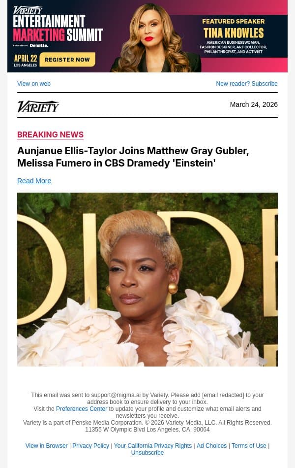 Aunjanue Ellis-Taylor Joins Matthew Gray Gubler, Melissa Fumero in CBS Dramedy 'Einstein' email from Variety screenshot