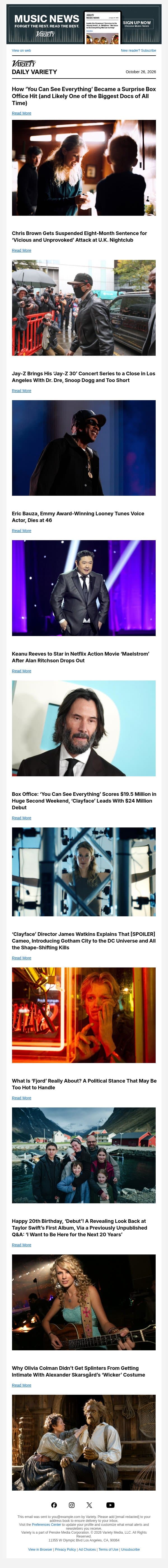 How 'You Can See Everything' Became a Hit; Chris Brown Gets Suspended 8-Month Sentence; Jay-Z Brings Concert Series to a Close in LA email from Variety screenshot