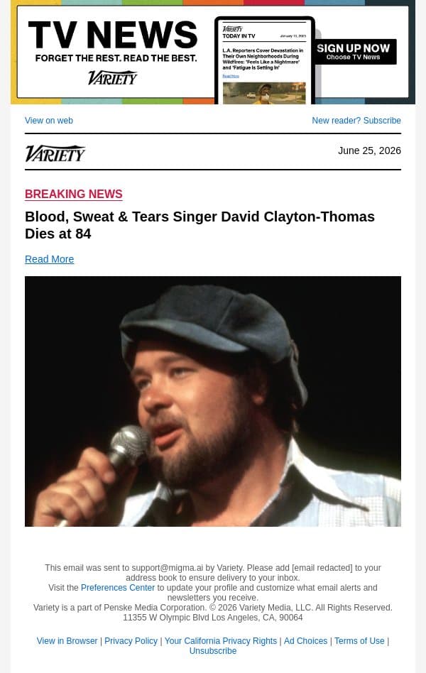 Blood, Sweat and Tears Singer David Clayton-Thomas Dies at 84 email from Variety screenshot