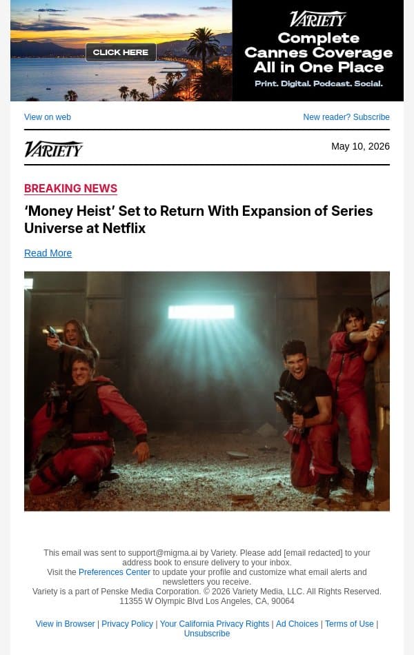 ‘Money Heist’ Set to Return With Expansion of Series Universe at Netflix email from Variety screenshot