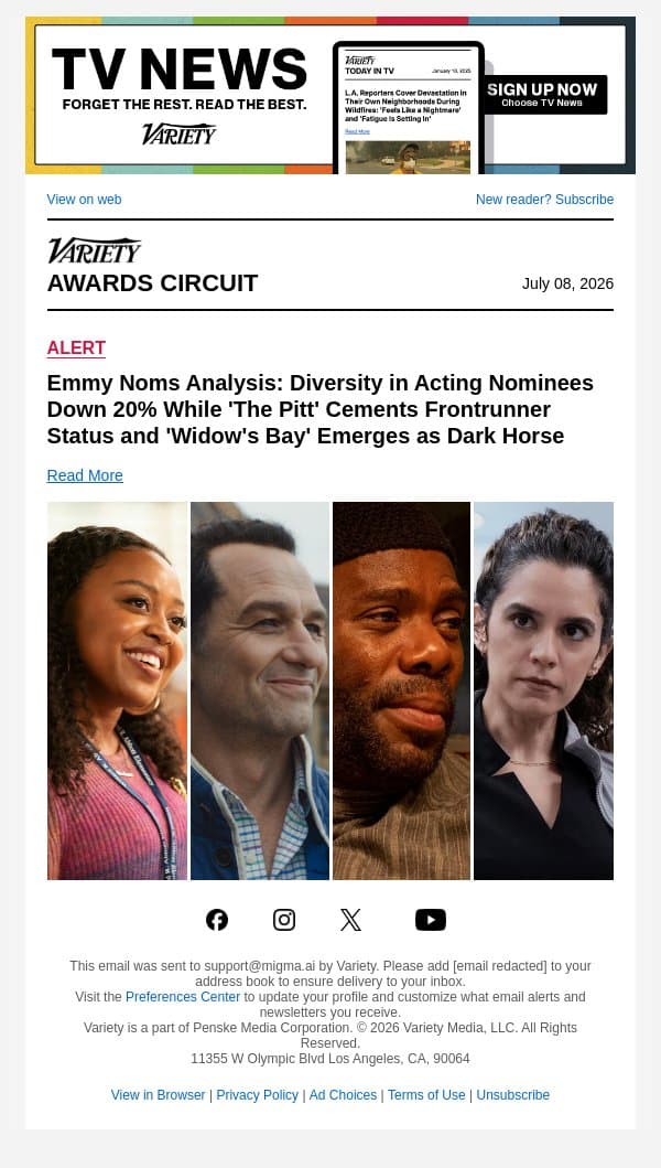 Emmy Noms Analysis: Diversity in Acting Nominees Down 20% While 'The Pitt' Cements Frontrunner Status and 'Widow's Bay' Emerges as Dark Horse email from Variety screenshot