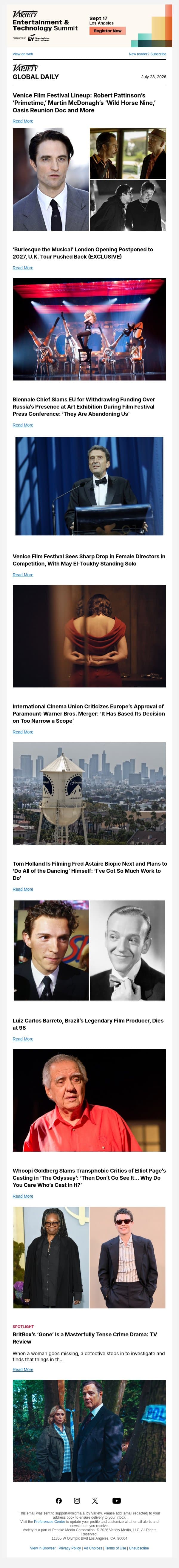 Venice Lineup; 'Burlesque the Musical' Postponed; Biennale Chief Slams EU email from Variety screenshot