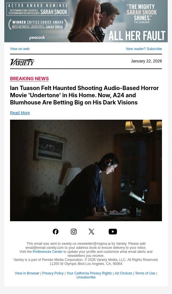 Ian Tuason Felt Haunted Shooting Audio-Based Horror Movie 'Undertone' in His Home. Now, A24 and Blumhouse Are Betting Big on His Dark Visions email from Variety screenshot