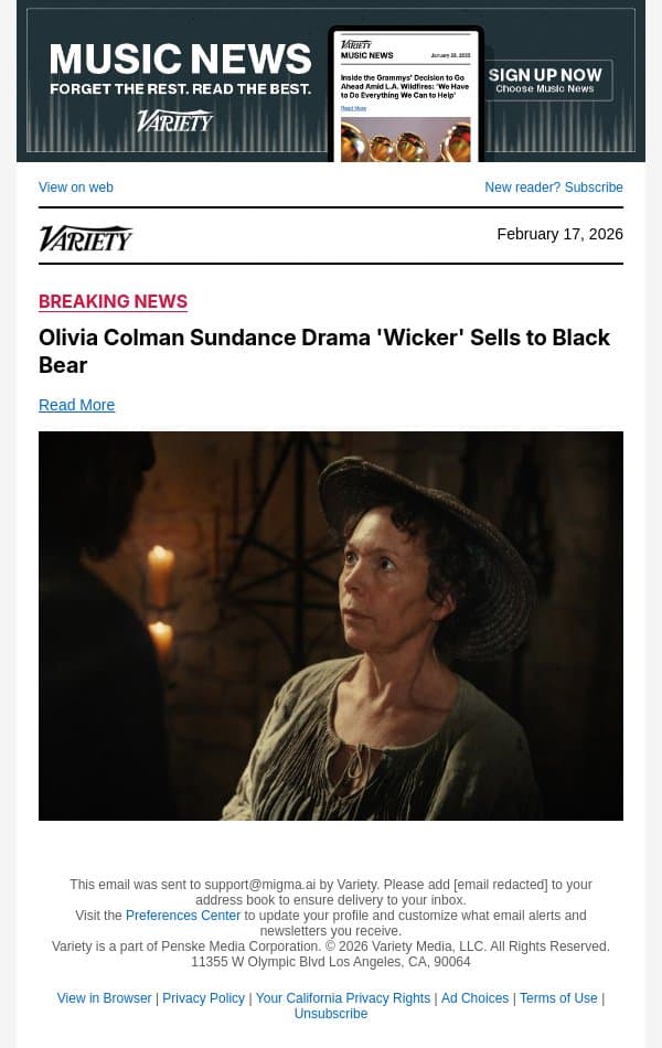 Olivia Colman Sundance Drama 'Wicker' Sells to Black Bear email from Variety screenshot