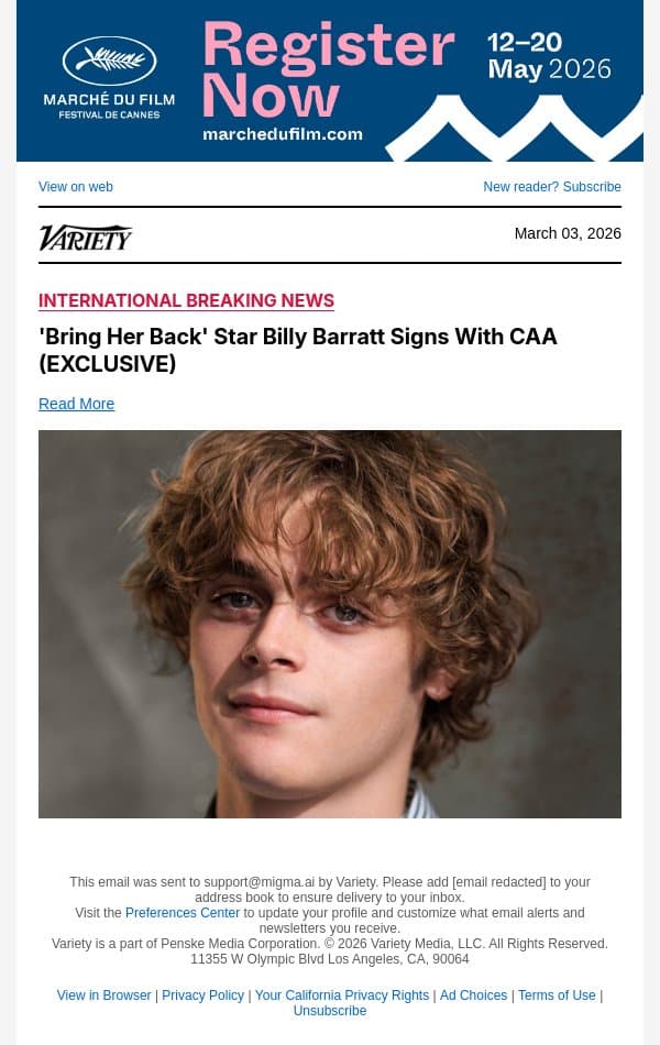 'Bring Her Back' Star Billy Barratt Signs With CAA (EXCLUSIVE) email from Variety screenshot