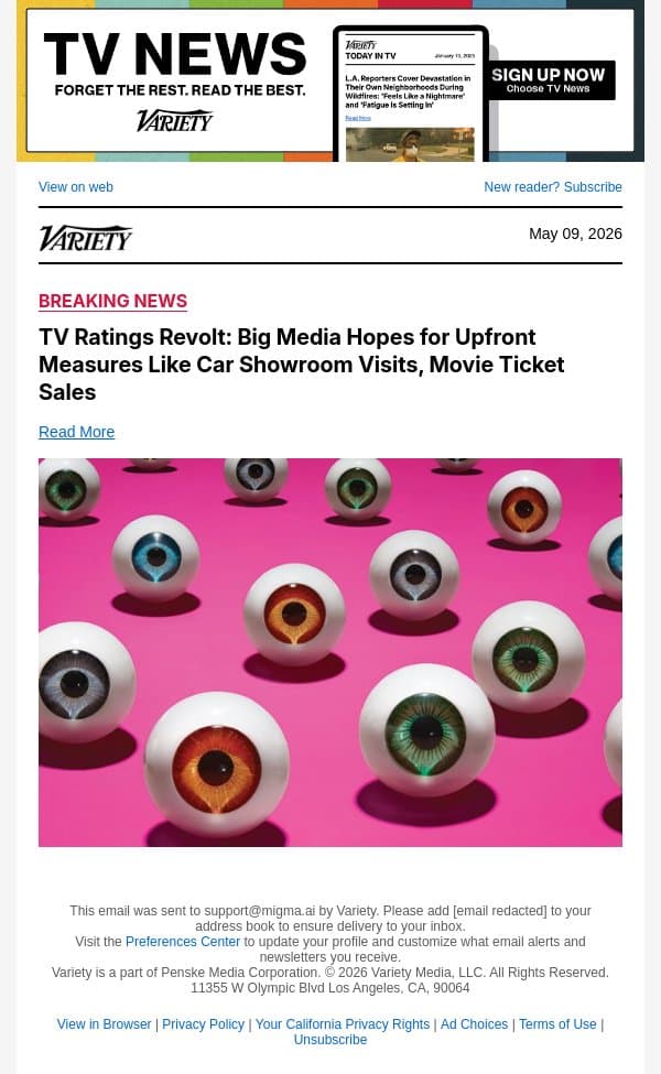 TV Ratings Revolt: Big Media Hopes for Upfront Measures Like Car Showroom Visits, Movie Ticket Sales email from Variety screenshot