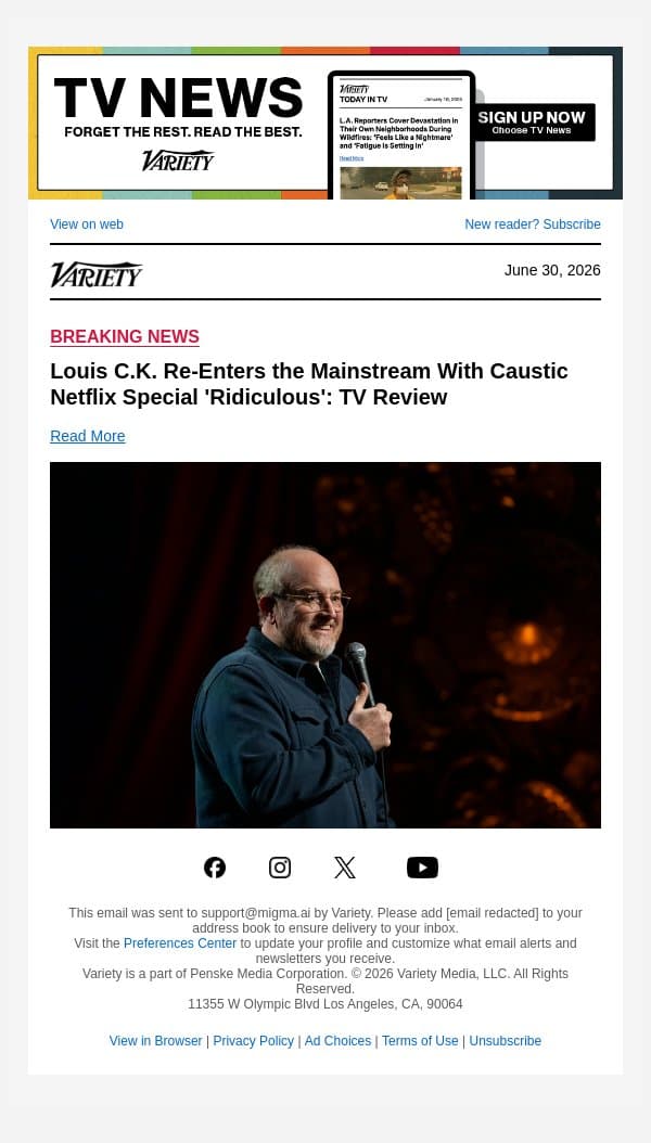 Louis C.K. Re-Enters the Mainstream With Caustic Netflix Special 'Ridiculous': TV Review email from Variety screenshot
