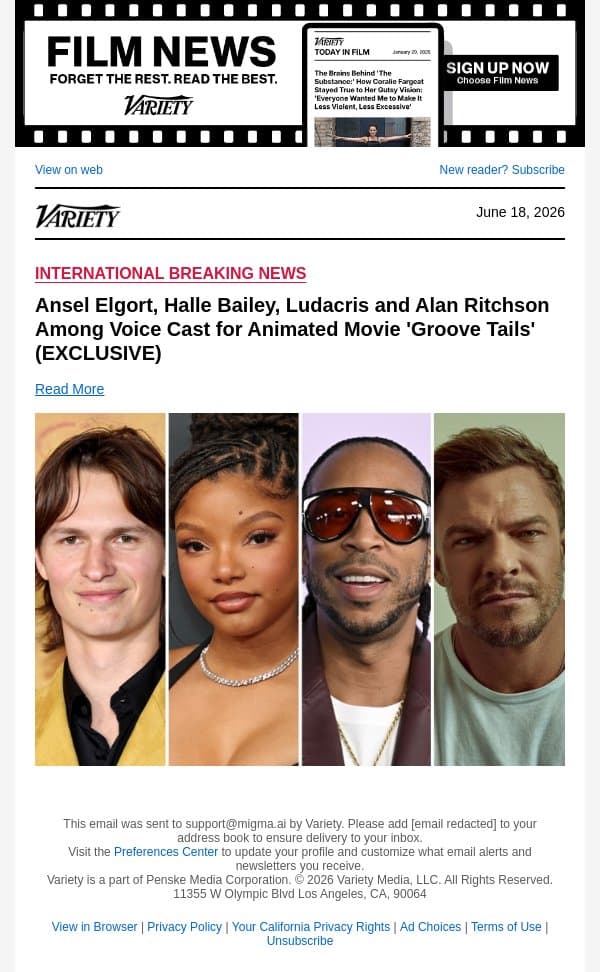 Ansel Elgort, Halle Bailey, Ludacris and Alan Ritchson Among Voice Cast for Animated Movie 'Groove Tails' (EXCLUSIVE) email from Variety screenshot