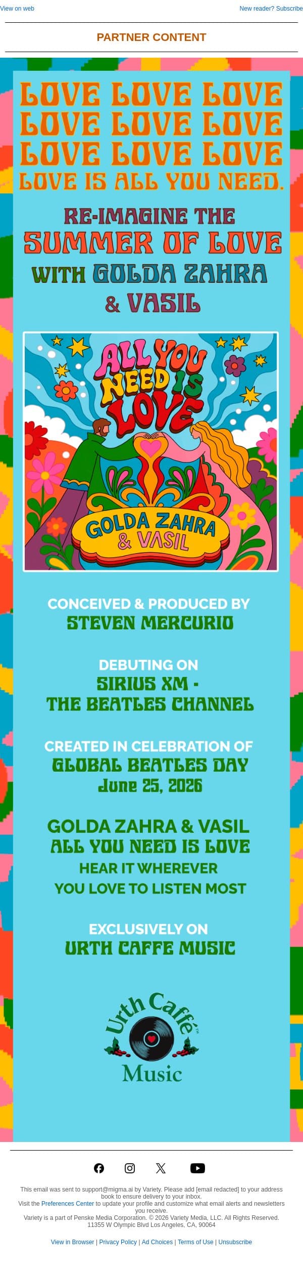RE-IMAGINE “ALL YOU NEED IS LOVE” AND CELEBRATE GLOBAL BEATLES DAY! email from Variety screenshot