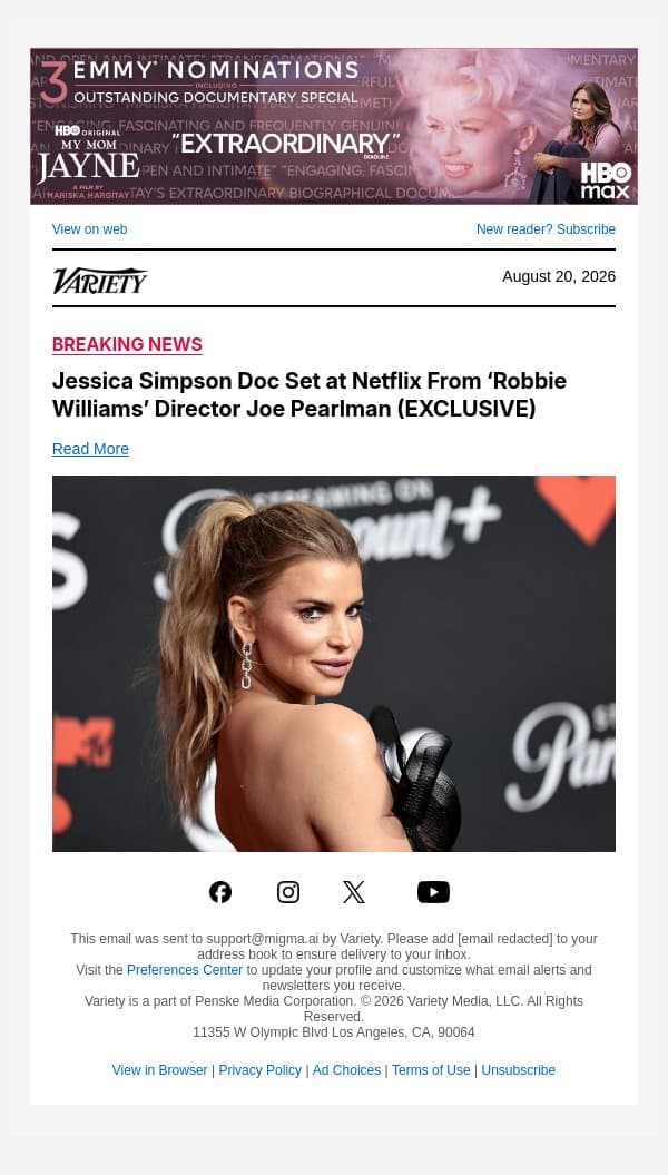 Jessica Simpson Doc Set at Netflix From ‘Robbie Williams’ Director Joe Pearlman (EXCLUSIVE) email from Variety screenshot