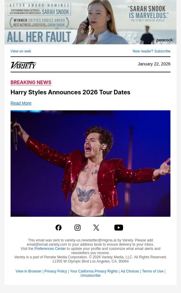 Harry Styles Announces 2026 Tour Dates email from Variety screenshot