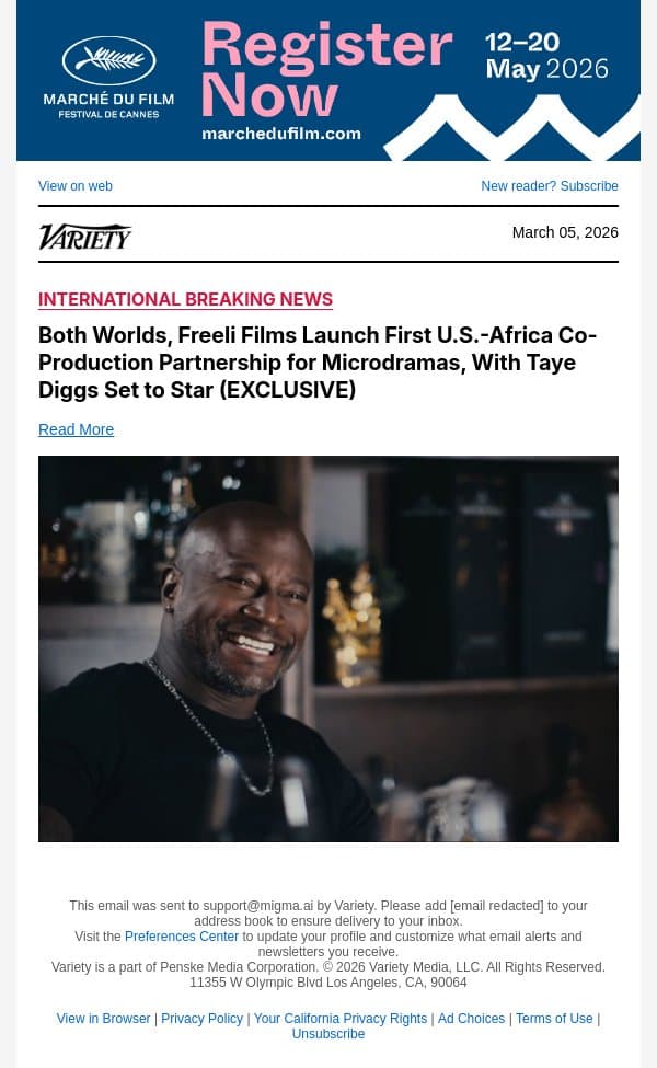 Both Worlds, Freeli Films Launch First U.S.-Africa Co-Production Partnership for Microdramas, With Taye Diggs Set to Star (EXCLUSIVE) email from Variety screenshot